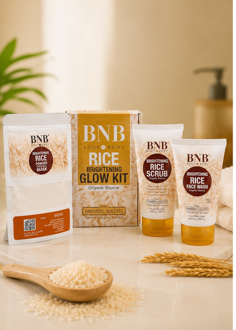 BNB Rice Brightening Glow Kit — 3-in-1 Organic Skincare Set | Face Wash, Scrub & Powder Mask